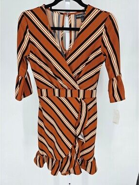 Vtg Y2K Midnight Doll Womens Sz 1 Knee Length 3/4 Sleeve Dress Brown Striped